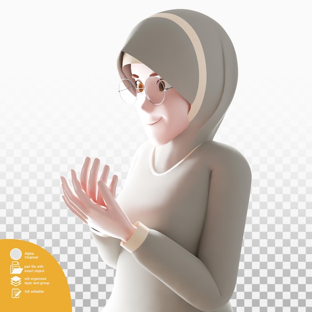 schöne junge muslimische frau, die von der seitenansicht betet, die auf gebetsteppich sitzt 3d illustration