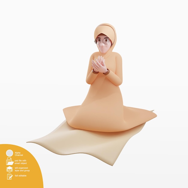 schöne junge muslimische frau, die von der seitenansicht betet, die auf gebetsteppich sitzt 3d illustration