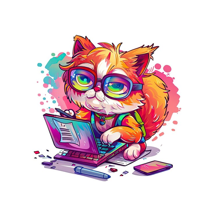 PSD schöne katze arbeitet am laptop