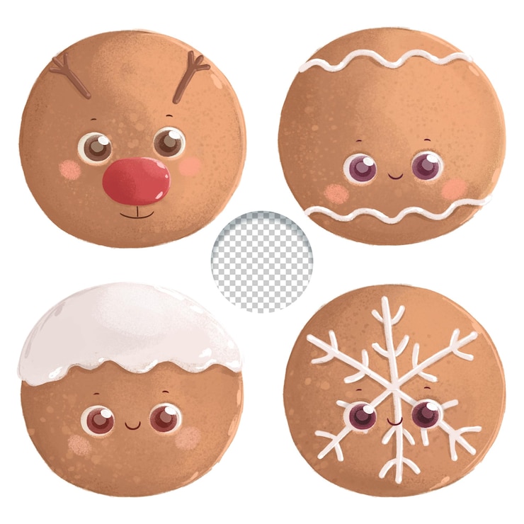 PSD schöne kawaii-weihnachtsrunde lebkuchen mit zuckerdekorationen auf weißem hintergrund