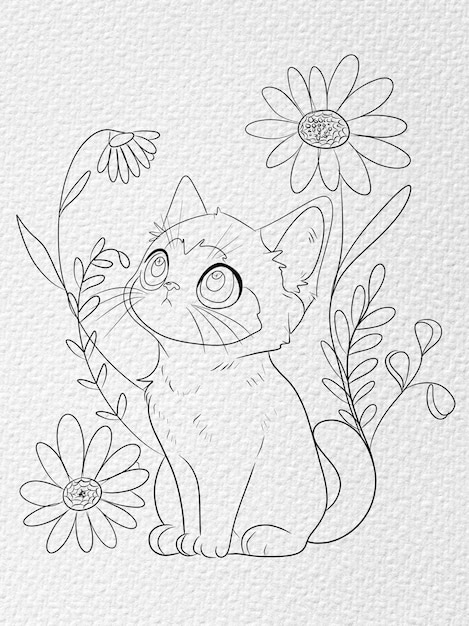 schöne kleine Katze mit Blumen und Blättern