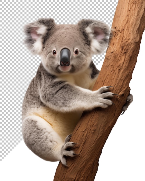 PSD schöne koala umarmt einen baum auf einem isolierten transparenten hintergrund