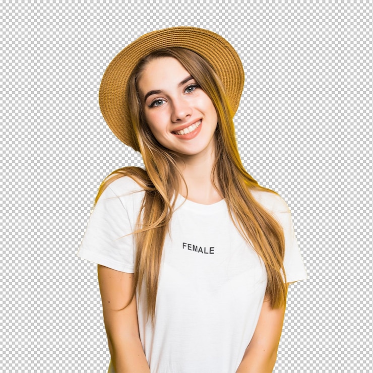 PSD schöne lächelnde model in weißem t-shirt und hut auf orangefarbenem hintergrund mit lustigem gesicht