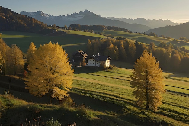 PSD schöne landschaft mit bergen und wäldern im herbst