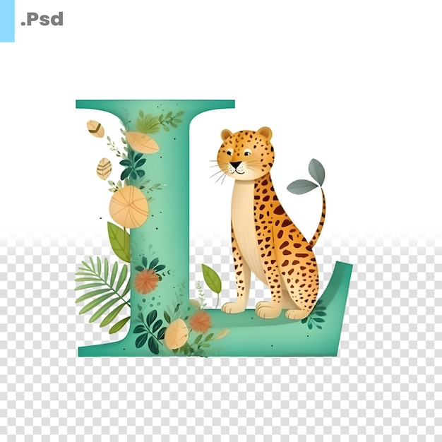 PSD schöne leoparden mit blumen buchstabe l vektor-illustration psd-vorlage