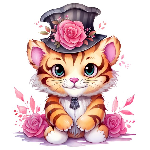 PSD schöne lustige tiger mit blumen aquarell clipart-illustration