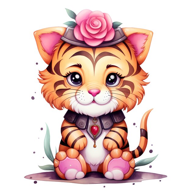 PSD schöne lustige tiger mit blumen aquarell clipart-illustration