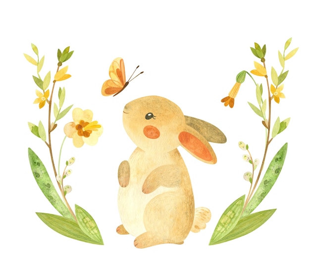 Schöne Osterhase Schmetterling Blumenkrans Kaninchen und Frühlingsblumen Aquarell Clipart