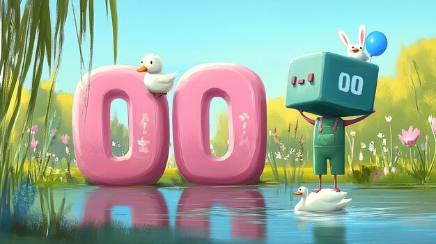 Schöne Roboter und Tiere durch rosa Nummer 000 in einem sonnigen See