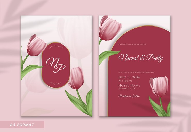 schöne rosa Tulpe Aquarell doppelseitige Hochzeitseinladungsvorlage