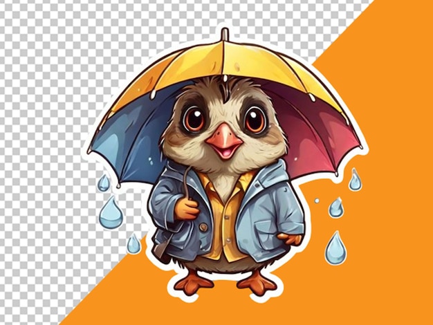 PSD schöne sticker-stil karikatur wachtel mit regenschirm und jacke.