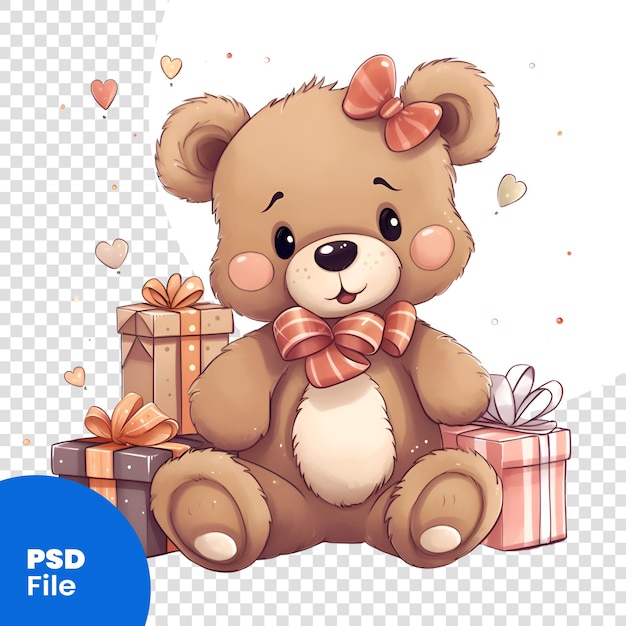 PSD schöne teddybären sitzen mit geschenkkisten vektorillustration psd-vorlage