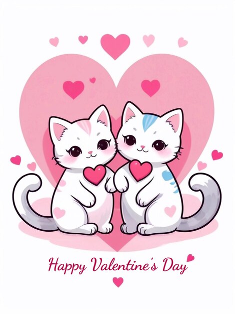 PSD schöne valentinstagsgrußkarte mit zwei liebenswerten kawaii-cartoon-katzen, die sich in herzen verlieben