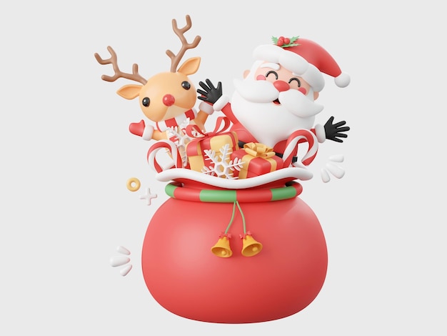 PSD schöne weihnachtsmann und rentier mit weihnachtlicher geschenksäcke weihnachten-themenelemente 3d-illustration