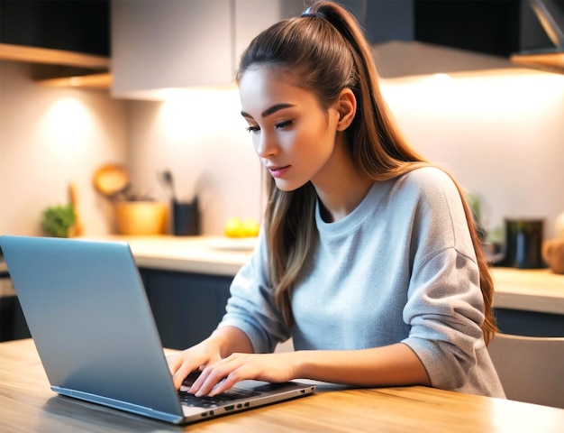 PSD schöne weiße junge frau, die online arbeitet, benutzt einen laptop, um online-kommunikation über entfernung zu unterrichten.