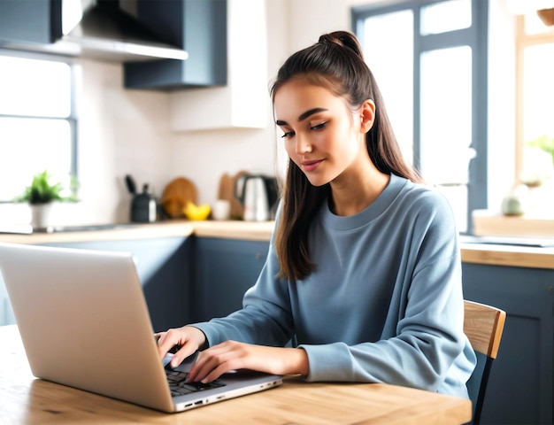 PSD schöne weiße junge frau, die online arbeitet, benutzt einen laptop, um online-kommunikation über entfernung zu unterrichten.