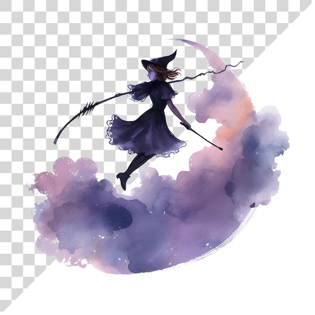 PSD schöne zeichentrick-wasserfarbe halloween fliegende hexe auf einem transparenten hintergrund