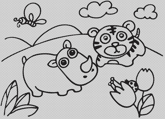Schöne Zeichentrickfilme Nashörner und Leoparden auf dem Berg Malerei Illustration für Kinder