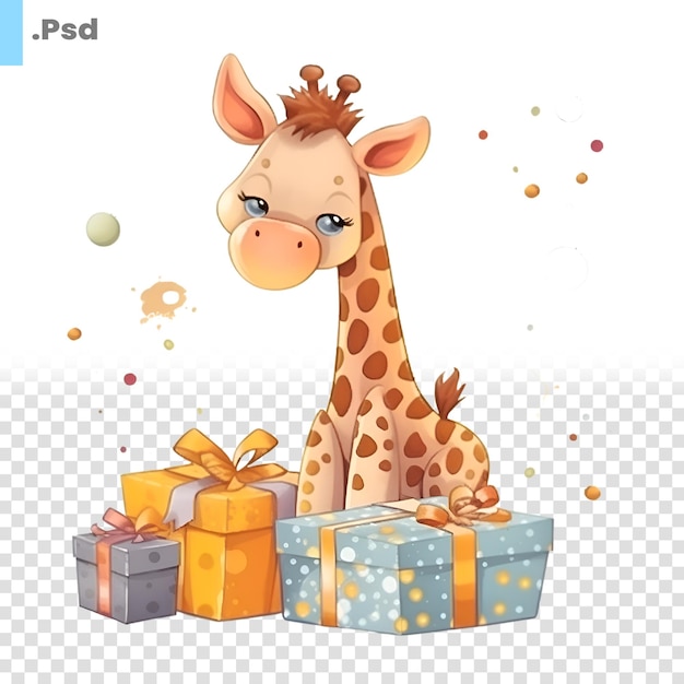 PSD schöne zeichentrickgiraffe mit geschenken vektorillustration auf weißem hintergrund psd-vorlage