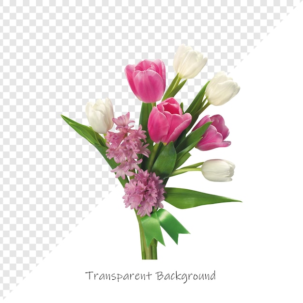 Schöner Blumenstrauß aus rosa und weißen Tulpen mit Hyacinth und einem grünen Band
