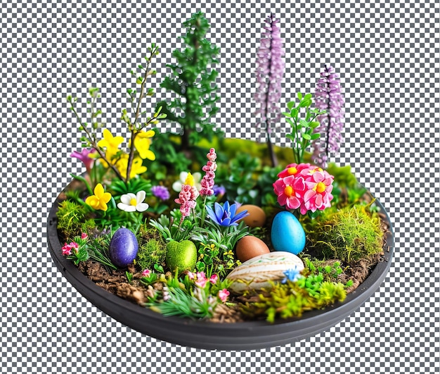 PSD schöner miniatur-ostergarten, isoliert auf durchsichtigem hintergrund