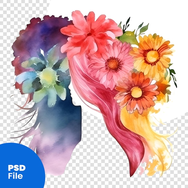 PSD schönes frauengesicht mit blumen handgezeichnete aquarellillustration psd-vorlage