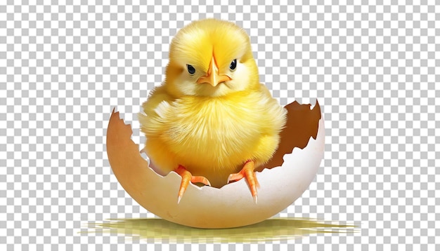 PSD schönes gelbes huhn, das aus einem eier-ostern-konzept auf durchsichtigem hintergrund geschlüpft wurde.