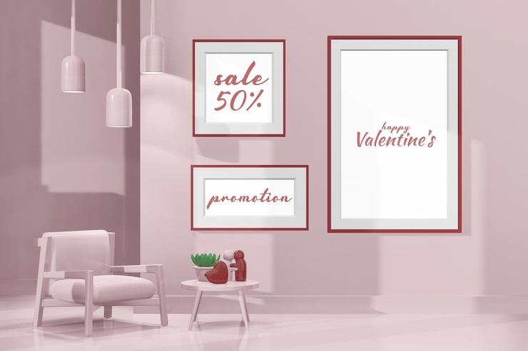 PSD schönes glückliches valentinstagzimmer mit rahmenmodell in der 3d-darstellung
