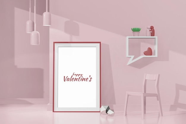 Schönes glückliches Valentinstagzimmer mit Rahmenmodell in der 3D-Darstellung