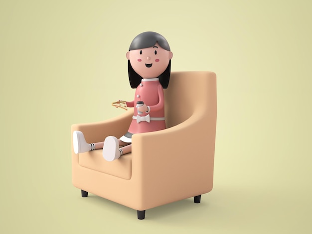 Schönes Mädchen der Illustration 3D, das Pizza und Getränk auf Sofarendering hält