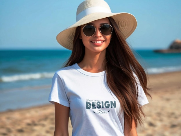 PSD schönes mädchen-modell in einem weißen t-shirt-mockup mit einem stehenden luxus-stadt-hintergrund