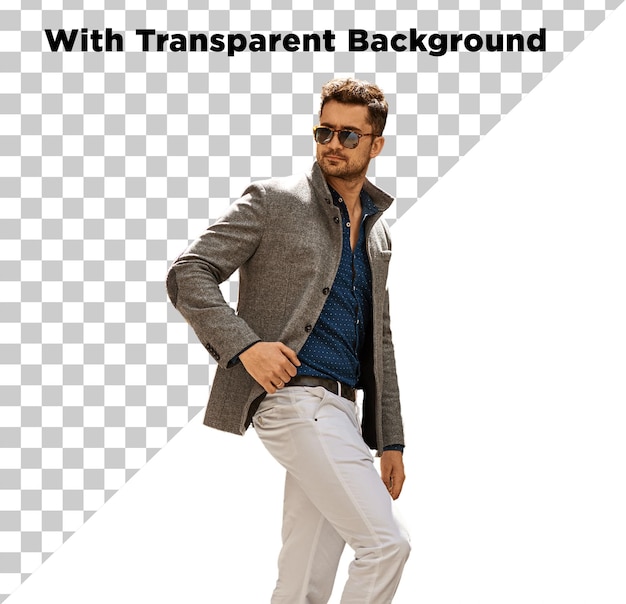 Schönes männliches Modell in Jacke Foto PNG PSD auf durchsichtigem Hintergrund