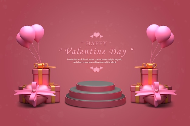 schönes podium und geschenkbox valentine mit rosa ballonvorderansicht