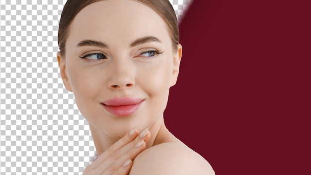 Schönes weibliches Gesicht, rosa Lippen, natürliches Make-up, gesunde Schönheit, weibliche Mädchen, Augen, isoliert auf Weiß.