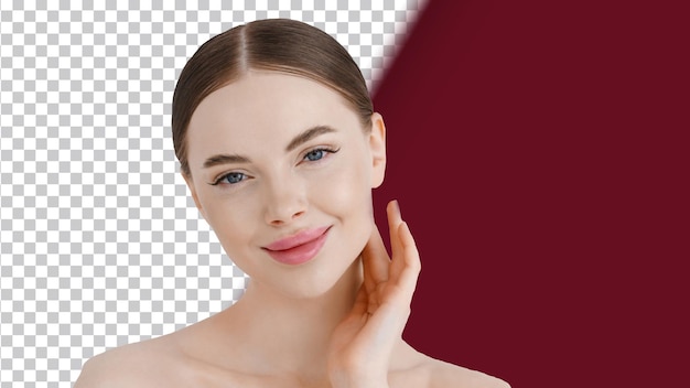 Schönes weibliches Gesicht, rosa Lippen, natürliches Make-up, gesunde Schönheit, weibliche Mädchen, Augen, isoliert auf Weiß.