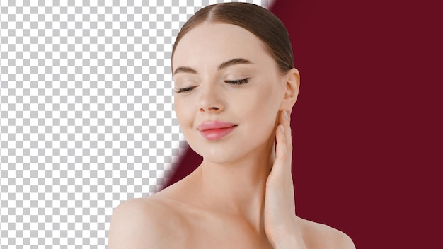 Schönes weibliches Gesicht, rosa Lippen, natürliches Make-up, gesunde Schönheit, weibliche Mädchen, Augen, isoliert auf Weiß.