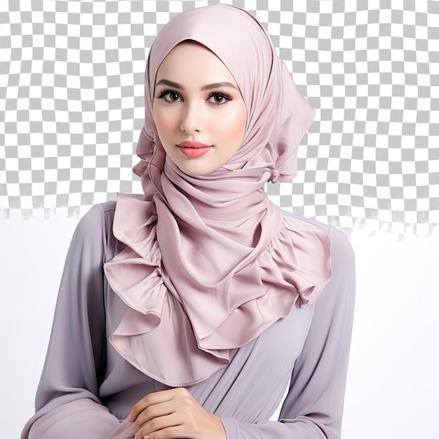 PSD schönes weibliches modell in einem peplum-kleid mit hijab, einem modernen lifestyle-outfit für muslimische frauen, isoliert über einem transparenten hintergrund eidul fitri mode und schönheitskonzept