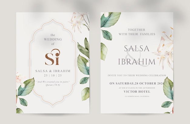 Schönheit islamische Hochzeitseinladung mit wildgrünem Eukalyptusblumen-Aquarell