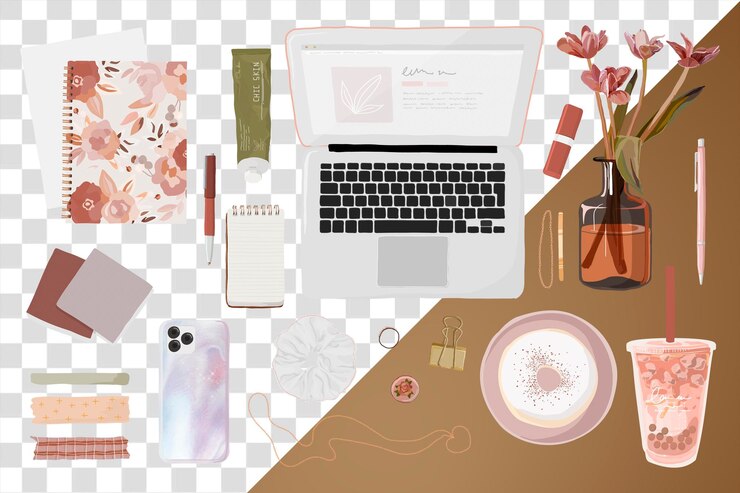 PSD schönheits-blogger-essentials png-aufkleber rosa weibliche illustrationssatz