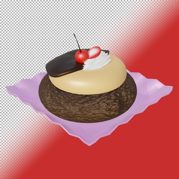 Schokoladen-Donut-Kuchen mit Sahne und Kirschfrucht in 3D-Rendering