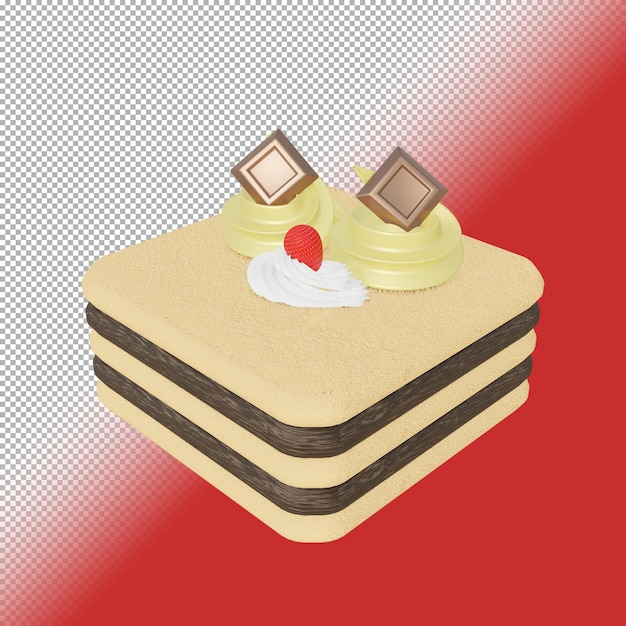 schokoladenkuchen mit karamellcreme in 3d-rendering