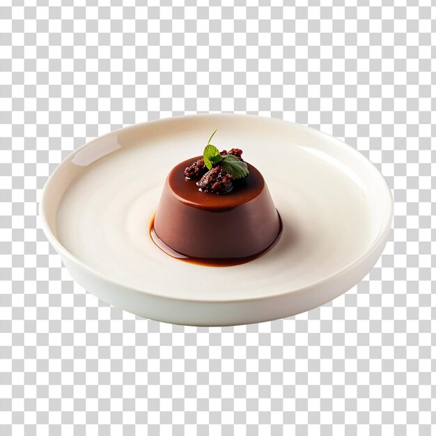 PSD schokoladenpanna cotta auf weißer platte, isoliert auf durchsichtigem hintergrund