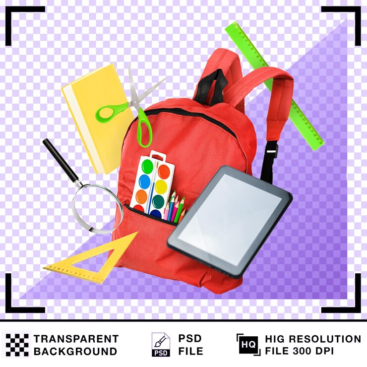 PSD school supplies with red backpack