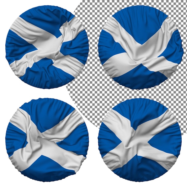 Schottland-Flagge, runde Form, isoliert, unterschiedlicher wehender Stil, Bump-Textur, 3D-Rendering