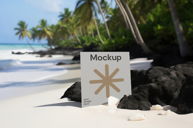 Schreibwaren auf Strand-Mockup