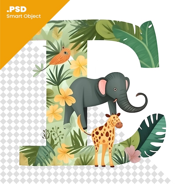 Schriftdesign für den buchstaben e mit einer niedlichen elefanten- und tropischen blumen-psd-vorlage