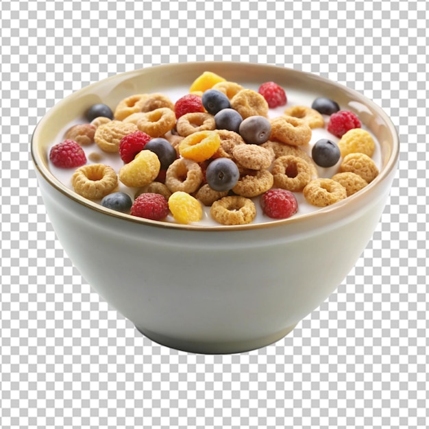 Schüssel mit Cornflakes und Himbeeren auf weißem Hintergrund