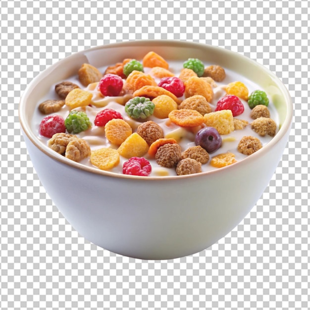 Schüssel mit Cornflakes und Himbeeren auf weißem Hintergrund