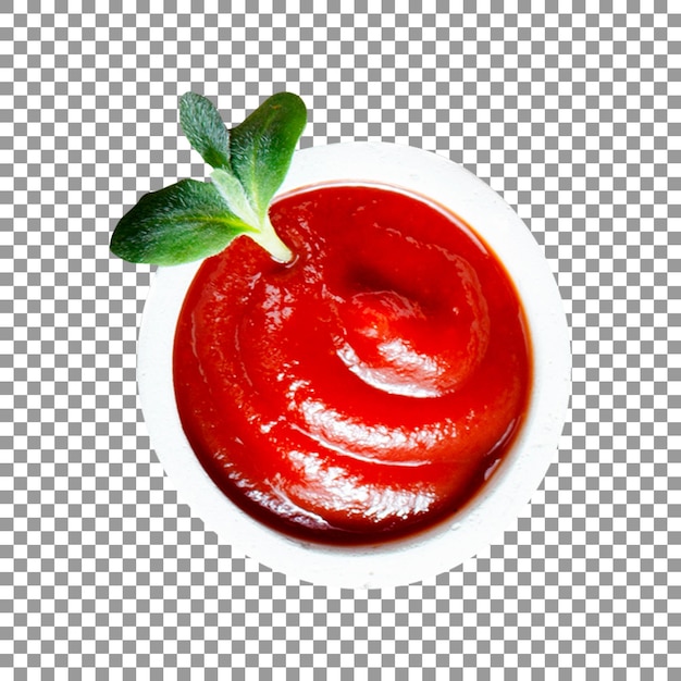 Schüssel Tomatensauce mit einem Blatt auf transparentem Hintergrund