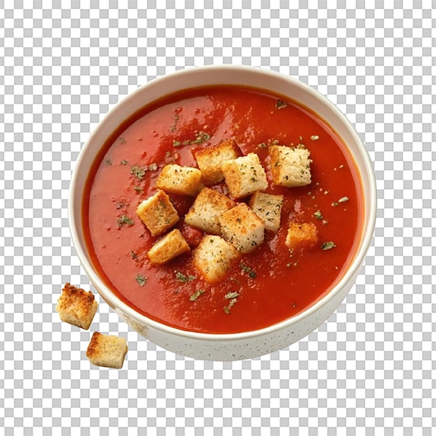 Schüssel Tomatensuppe mit Croutons, die an der Oberfläche schwimmen